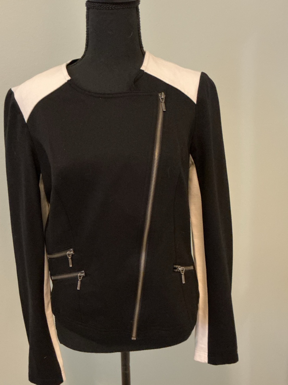 INC International Concepts Black and Cream Asymmetrical Zip Bomber Jacket